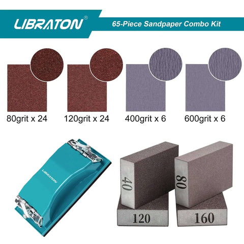 65 Piece Sandpaper Kit For Wood And Metal Finishing With Sanding Block And Sponges showing grit options and holder
