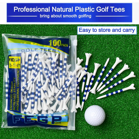 3 1/4 Inch Golf Tees 100 Pack, 4 Prong Plastic Tees For Reduced Friction And Side Spin, shown in bag and scattered on grass