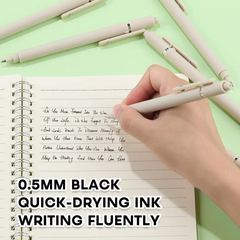 Hand writing with Beige Aesthetic Gel Pen 5 Pack 0.5mm Quick Dry Black Ink Fine Point Smooth Writing With Comfortable Grip.