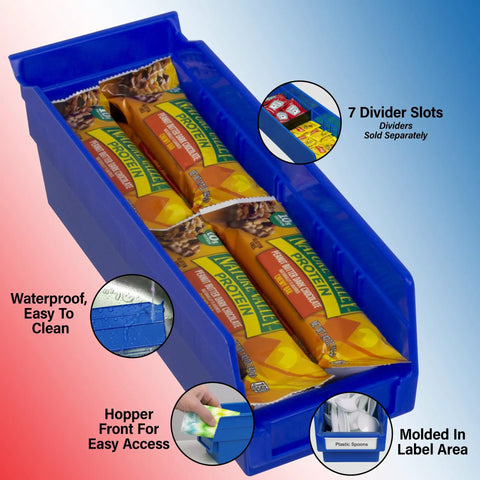 Heavy Duty Plastic Shelf Bins For Garage, Closet And Drawer Organization, 12 By 4 By 4 Inches, Blue, 24 Pack, displaying dividers and snacks.