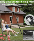 Two people on a porch swing attached to the Beefed-Up Heavy Duty Porch Swing Stand With Adjustable Height, Powder Coated A-Frame Steel.