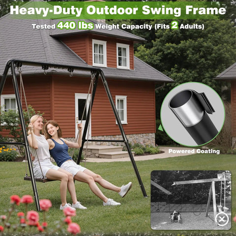 Two people on a porch swing attached to the Beefed-Up Heavy Duty Porch Swing Stand With Adjustable Height, Powder Coated A-Frame Steel.