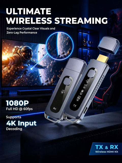 Wireless HDMI Transmitter And Receiver Kit With 165 Ft Range No WiFi Needed Plug And Play Dual Band 5G And 2.4G 4K Decoding To 1080P At 60Hz Low Latency HDMI Extender For TV Projector Home Theater And Gaming.