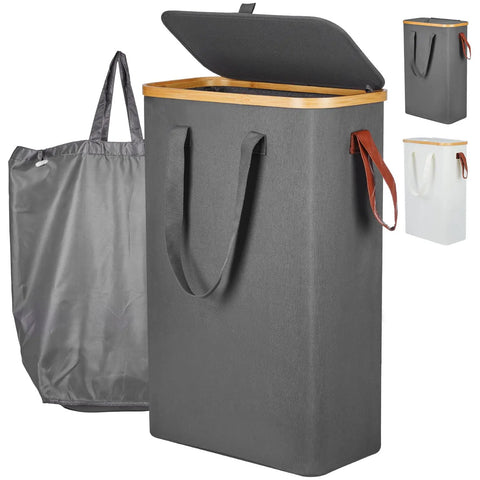 Slim Laundry Basket With Lid Collapsible Narrow Hamper With Removable Washable Bag Made Of Bamboo And Oxford Fabric 52L Gray