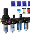 Heavy Duty Four Stage Air Compressor Dryer System With One Quarter Inch NPT Brass Filter Coalescer shows gauges, filters, and desiccants.