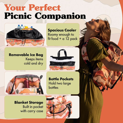 Picnic Backpack For Two With 14 Piece Insulated Cooler Set For Beach, Camping, And Parks with woman using cactus print bag