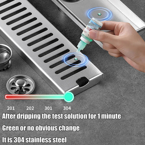 Image of Linear Shower Drain With Hair Catcher, Heavy Gauge Stainless Steel Rectangular design, testing for material quality.