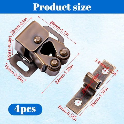 4 Pack Double Roller Cabinet Latch Hardware For Cupboard Closet Kitchen Doors And RV Cabinets Closure Catches, size shown.