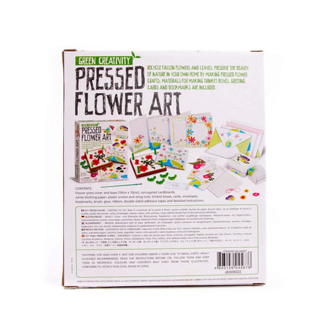 Back of Green Creativity Pressed Flower Art Kit box showing contents and craft ideas for DIY projects.