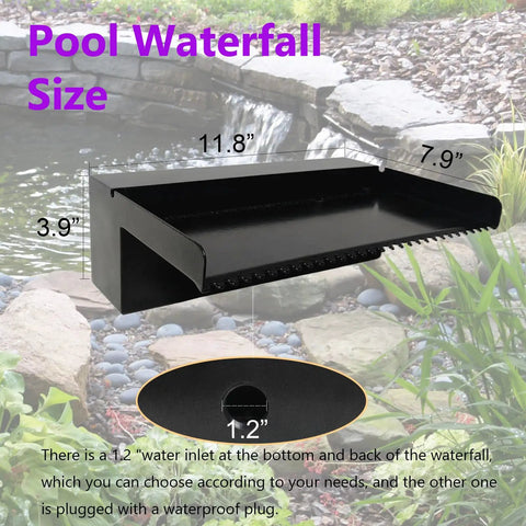 Pond Waterfall Spillway Pool Fountain Water Feature In Black Stainless Steel, no light, 11.8 x 7.8 x 3.9 inches, outdoor garden kit