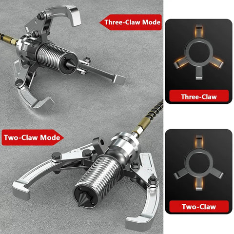 Hydraulic Gear Puller With Hand Pump Kit for hubs bearings wheel parts, showing two-claw and three-claw modes for auto machinery.