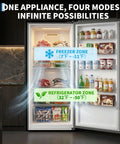 Frost Free Upright Freezer Single Door Stand Up 20 Cubic Feet For Bulk Storage And Frozen Meals Space Saving Vertical Setup showing freezer and refrigerator zones with organized shelves.
