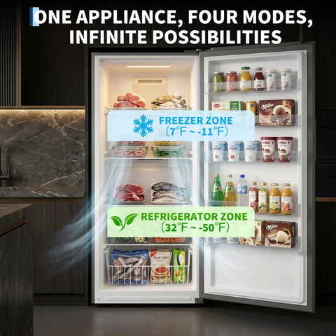 Frost Free Upright Freezer Single Door Stand Up 20 Cubic Feet For Bulk Storage And Frozen Meals Space Saving Vertical Setup showing freezer and refrigerator zones with organized shelves.