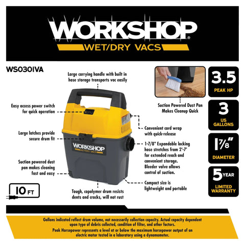 Portable Wet Dry Vacuum Cleaner 3-Gallon 3.5 Peak HP With Built-In Dust Pan and Expandable Hose