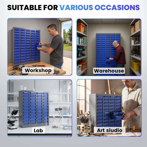 40-Drawer Bolt Bin Organizer Cabinet With ABS Drawers in workshop, warehouse, lab, and art studio settings for versatile storage use.