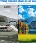 Front view of VOISEN eyeglass lens wipes ad showing before and after cleaning with two glasses.
