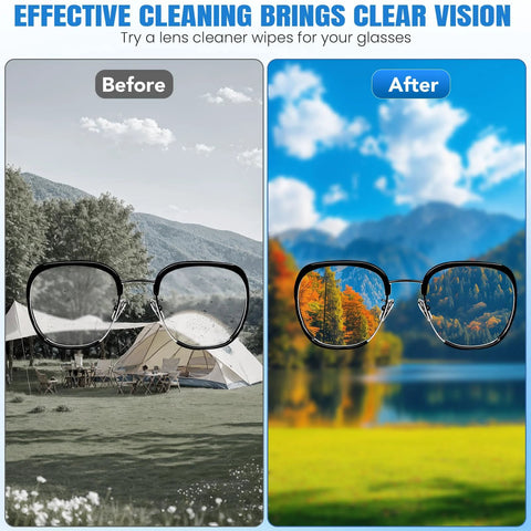 VOISEN Lens Wipes for Eyeglasses, 450-pack, pre-moistened, individually wrapped; split-screen before/after lens cleaning.