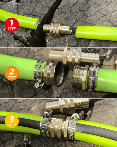 Grab This Ultimate 3/4 In Garden Hose End Repair Kit With Male And Female Fittings To Fix Leaks Fast And Save Cash On Expensive Replacements For Your Water Hose Ends. Brass hose repair kit on green garden hose, step-by-step connection