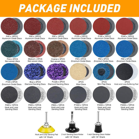 Package of 172 Pack 2 Inch Die Grinder Sanding Discs With One Quarter Inch Roll Lock Quick Change System shown with various grit options.