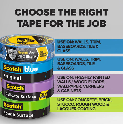 Stack of Scotch tapes for various surfaces next to usage guide, featuring Rough Surface Extra Strength Painter's Tape 0.94 Inch By 60.1 Yard Indoor And Outdoor Pro Grade Masking Tape That Protects Surfaces And Peels Cleanly For Crisp Edges And Clean Lines.