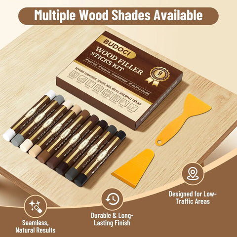 9 Color Wood Filler Sticks And Repair Crayons For Furniture And Floors No Sweat Go To Scratch Fix Kit With Scrapers displayed on wood surface.