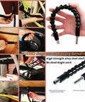 Pro Grade 31 Piece Flexible Drill Bit Extension Kit With 105 Degree Right Angle Attachments shown in use in tight spaces