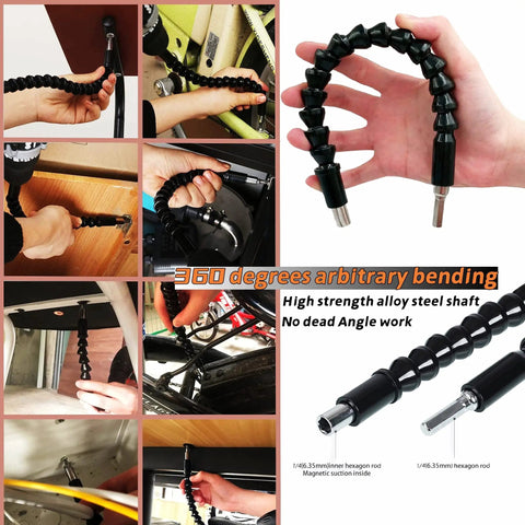 Pro Grade 31 Piece Flexible Drill Bit Extension Kit With 105 Degree Right Angle Attachments shown in use in tight spaces