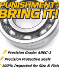 Heavy Duty Lawn Mower Spindle Bearing Kit, High Speed C3 Upgrade, steel bearing close-up with text overlay.