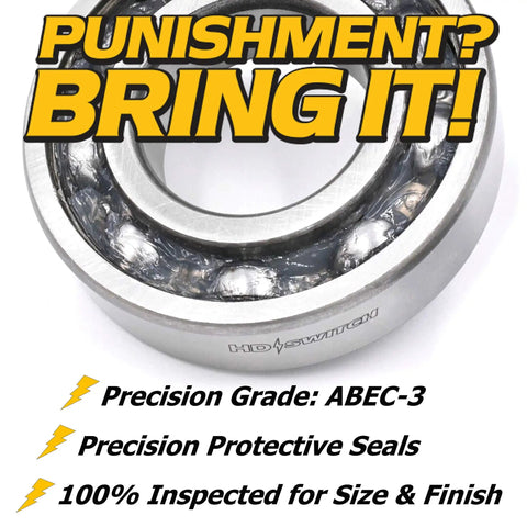 Heavy Duty Lawn Mower Spindle Bearing Kit, High Speed C3 Upgrade, steel bearing close-up with text overlay.