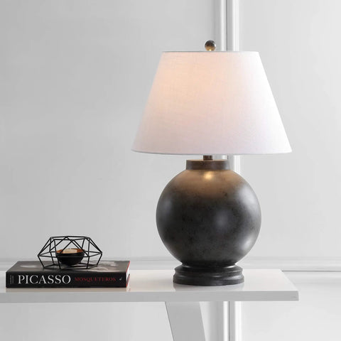 26 Inch Dark Gray Contemporary Resin Sphere LED Table Lamp With White Linen Drum Shade on modern desk.