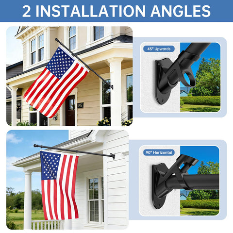 Flag Pole Kit With 3x5 USA Flag 6Ft Heavy Duty Steel Tangle Free Flagpole displayed at 45 and 90-degree angles on house.