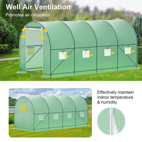 Walk-In Garden Greenhouse 15x7x7 With Spraying System, Heavy-Duty Galvanized Frame, 6 Mesh Vent Windows, Zippered Roll-Up Door, Big Outdoor Plant House For Seedlings, Veggies, Flowers