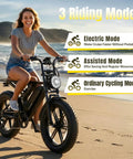 Woman riding Electric Fat Tire Bike For Adults With 1500W Peak Motor Off Road Ebike on beach, highlighting 3 riding modes