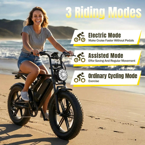 Woman riding Electric Fat Tire Bike For Adults With 1500W Peak Motor Off Road Ebike on beach, highlighting 3 riding modes