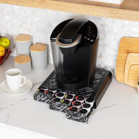 Space Saving 36 Pod Coffee Pod Drawer Black Metal Mesh Under Cabinet Organizer For K Cups under a coffee maker on a counter