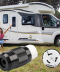 Top Shelf 50 Amp Generator Connector NEMA SS2-50R RV Shore Power Inlet Plug displayed in front of an RV with a woman.