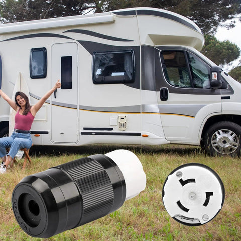 Top Shelf 50 Amp Generator Connector NEMA SS2-50R RV Shore Power Inlet Plug displayed in front of an RV with a woman.