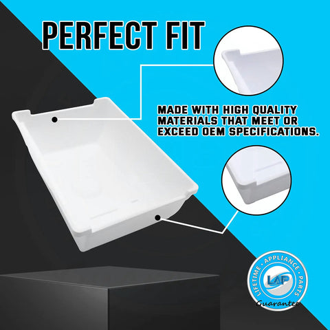 Upgraded Lifetime Ice Cube Container Bucket Tray Replacement DA61-05300A For Refrigerator Non OEM Upgrade shown with text 'Perfect Fit'.