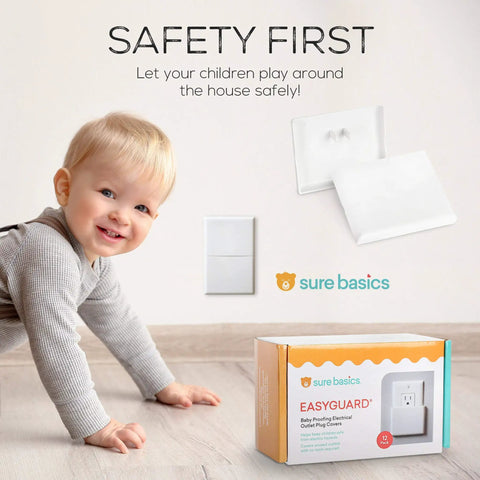 12 Pack Outlet Covers Baby Proofing Bigger Size For Safer Sockets Keeps Toddlers Safe No Joke And Prevents Choking Hazard Virtually Invisible And Paintable Socket Covers That Blend With Any Decor featuring a toddler and packaging.