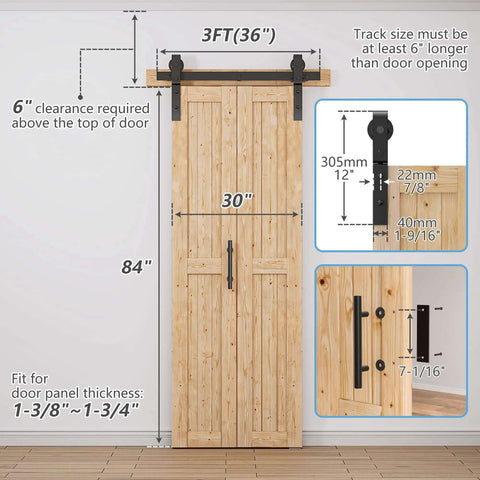 Illustration showing measurements for No Assembly Bi Fold Barn Door Set 30x84 with 36 Inch Hardware Kit, Unfinished Solid Spruce Wood Panels