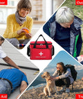 Collage showcasing the Emergency Medical Bag Organizer Large With Detachable Pouch for indoor, outdoor, first aid, and travel use.