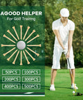 Custom Golf Tees Set With Your Name Or Logo display with golfer and pack sizes, wooden tees shown in circle arrangement, focused on use.