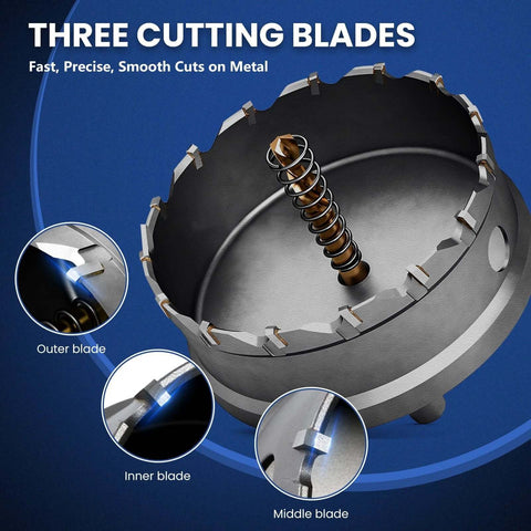 Front view of DIKTALK 16pc heavy-duty carbide hole saw kit; three-blade design with inner spring.