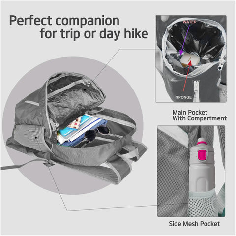 35L Foldable Waterproof Backpack For Outdoor Adventures Equipped With Wet Clothes Compartment featuring main compartment and side pocket