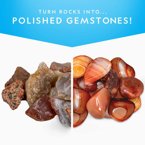 Rough Agate Rock Tumbler Refill Kit 1 lb mix, showing transition from raw agates to polished gemstones with four grit stages.