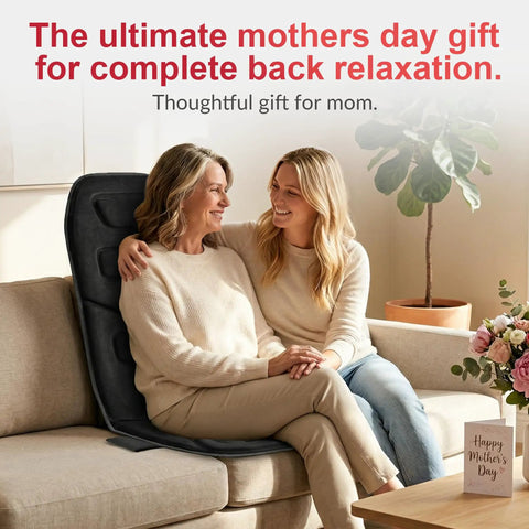 Mother and daughter using Vibration Back Massager Seat Cushion With Heat 10 Motor Chair Pad for relaxing back massage at home