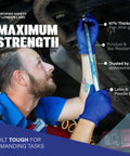 Built Tough 5 Mil Thick Nitrile Exam Gloves In Sharp Cobalt Blue Disposable Latex Free Protective Handwear For Health Professionals Emt Teams And Food Prep Straight Up Mega Bundle Of One Thousand Count worn by a mechanic working under a vehicle.