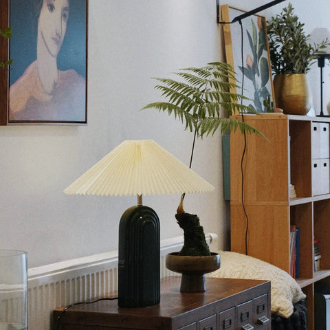 LED Bedside Table Lamp With Pleated Shade Cream Ceramic Retro Rural Style Ambient Light displayed on a wooden table
