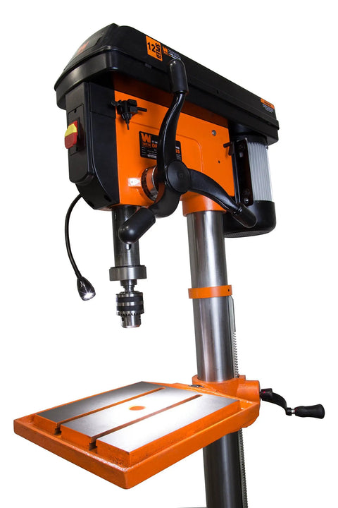 Smooth Cranking Floor Standing Drill Press 13 Amp with heavy duty cast iron table and precision features for wood and metal work.