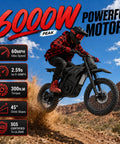 Heavy Duty Off Road Electric Dirt Bike With A Beast Mode 60V 30Ah Battery And 6000W Peak Motor jumping on rugged terrain.